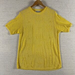 Vintage TwoTwenty Yellow Knit Short-Sleeve Sweater Embossed Flower Spring Summer